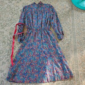 Talbots Vintage Paisley Print Dress Long Sleeves Matching Belt Rayon Seiz 14